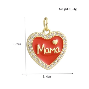 Detail of red enamel heart pendant with Mama engraving and zircon stones