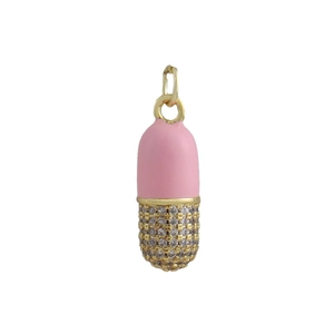 Pink enamel capsule pendant with gold base and zircon crystals for DIY jewelry making