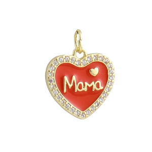 Detail of red enamel heart pendant with Mama lettering and pavé zircon border