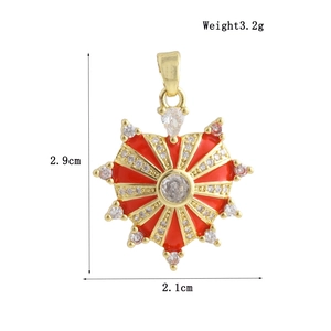 Detail view of 18k gold plated heart pendant with red enamel and dimension markings