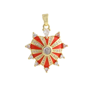 Detail of 18k gold plated heart pendant with red enamel and white zircon stones
