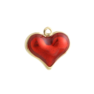 Detailed view of red heart pendant with 18k gold plating and smooth enamel finish