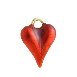 Detailed close-up of a red heart-shaped translucent pendant with gold metal hook