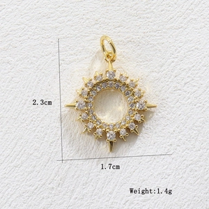 Detailed view of sunburst charm with white zircon pavé and size measurements