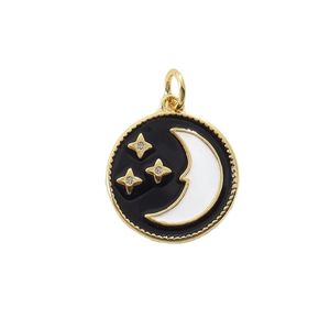 Golden round celestial charm with black and white enamel, moon and stars design