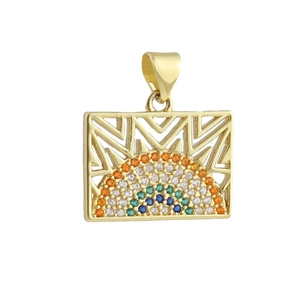 Pendente quadrato placcato oro 18k con motivo a raggiera e zirconi colorati micro-intarsiati