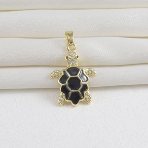 Exquisite 18k gold plated turtle pendant with black enamel shell and sparkling zircon stones