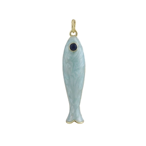 Exquisite blue enamel fish pendant with gold metal edges and blue bead eye detail