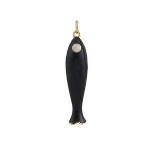 Elegant gold fish pendant with black enamel finish and white marble eye detail