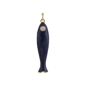 Detailed close-up of dark blue fish-shaped enamel charm with polished gold-plated edges