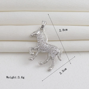 Close-up of 18k gold-plated horse pendant with cubic zirconia stones and measurements