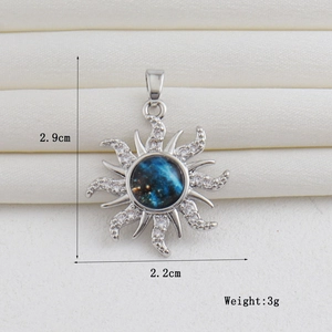 Detailed view of sunburst pendant with dimensions 2.9cm height and 2.2cm width