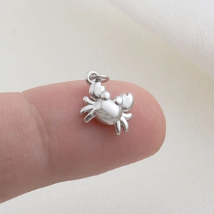 Macro shot of silver crab charm pendant held on fingertip for DIY jewelry making