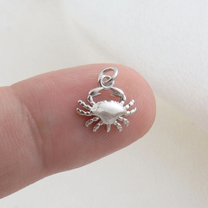Macro view of a small silver crab charm pendant resting on a fingertip for size reference