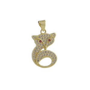 Detailed view of fox pendant with gold base, white cubic zirconia, and red stone eyes