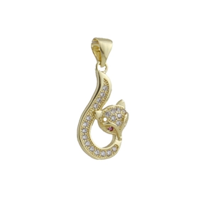 Detail of fox pendant with micro-paved zircons and a red gemstone eye in gold finish