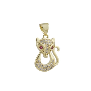 Detailed close-up of a gold-plated fox pendant inlaid with white and red zircon stones