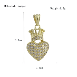 Copper heart pendant with crown design and white zircon inlays measuring 3.0cm height
