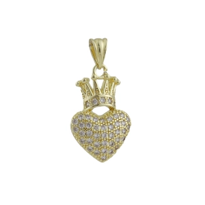 Detailed view of a gold heart pendant with a crown design and micro-pave zircons