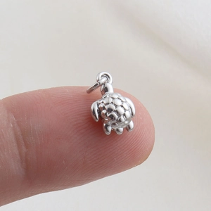 Macro shot of silver turtle charm showing fine shell details and micro scale on finger