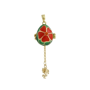 Colgante huevo esmaltado verde estilo Fabergé con flor roja y dije de cupido dorado
