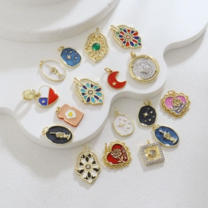 Vintage Gold Plated Copper Enamel Charms For DIY Necklace Bracelet Making Hamsa Hand Heart Rose Star Moon Pendants Women Jewelry