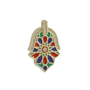 Exquisite gold-plated Hamsa Hand pendant with colorful enamel and zircon stones