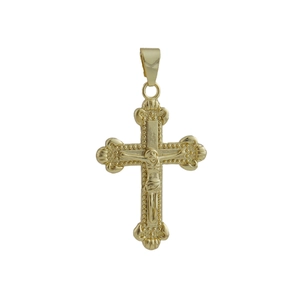 Classic golden crucifix pendant with ornate edges and floral buds on a white background