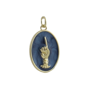 Detailed view of oval gold plated hand gesture pendant with navy blue enamel inlay