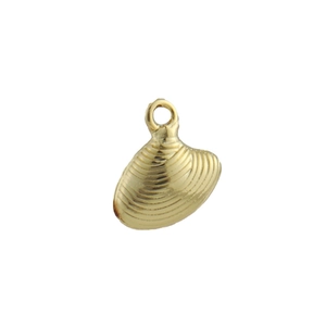 Detailed macro view of a golden shell-shaped pendant with textured surface and hanging loop