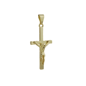 Polished gold crucifix pendant featuring detailed Jesus figure and water drop loop