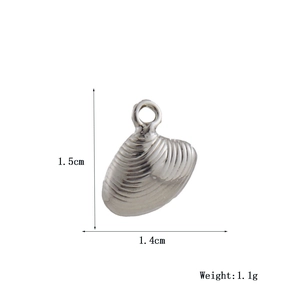 Silver shell charm dimensions 1.5cm by 1.4cm with detailed texture and 1.1g weight