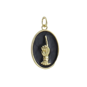 Detail of oval gold pendant with black enamel inlay and 3D finger pointing gesture design