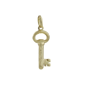 Detailed view of a vintage gold-plated brass key pendant with a polished finish