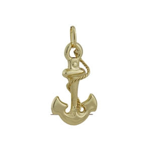 Polished and brushed golden anchor pendant with intricate rope detail on white background