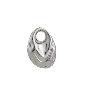 Macro shot of silver liquid metal pendant with irregular wave texture and mirror finish