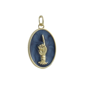 Retro gold-plated oval pendant with blue enamel and hand-pointing relief detail