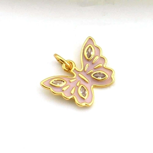 Detail of pink enamel butterfly pendant with gold base and marquise zircon stones