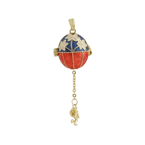 Detaillierter blau-roter Emaille-Anhänger im Fabergé-Stil mit goldenem Cupido-Anhänger