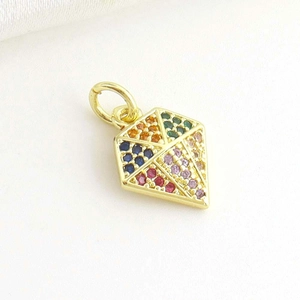 Close-up of 18k gold plated rhombus pendant featuring colorful rainbow micro-pave stones
