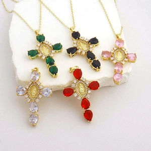 Vintage Copper Virgin Mary Cross Pendant Necklace Pear Shaped Synthetic Gemstone Gold Plated Religious Jewelry For Women