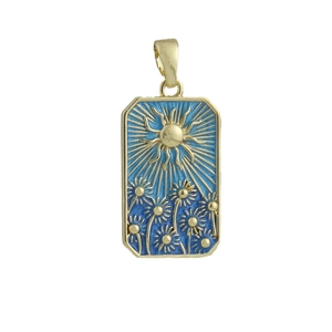 Gold-plated rectangular tarot pendant featuring a sun and daisy floral design in blue enamel