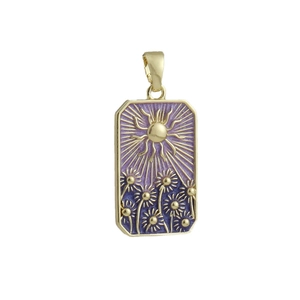 Gold-plated rectangular sun and daisy flower pendant with purple enamel details