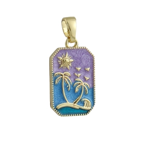 Detaillierter goldener Emaille-Tarot-Anhänger mit Palmen- und Sonnenuntergang-Design