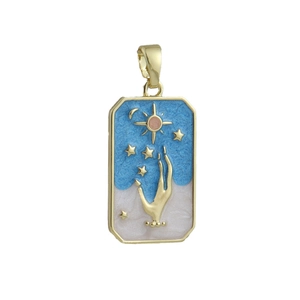 Detail of gold tarot sun and moon pendant with enamel palm and celestial star design