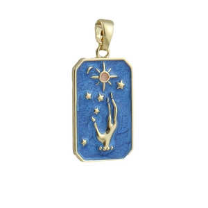 Detail of a rectangular gold-plated tarot pendant with blue enamel sun and star motifs