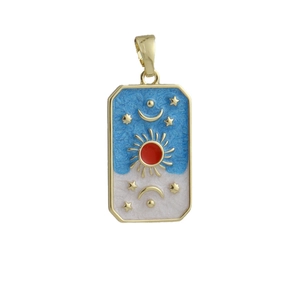 Detail of tarot-style tarot pendant with sun moon and stars in gold and enamel