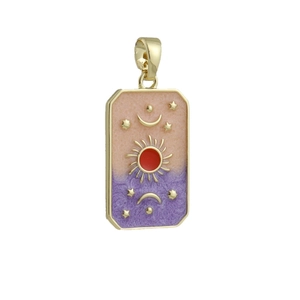 Close-up of gold-plated tarot pendant with sun, moon, stars and pink gradient enamel