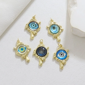 Bohemian Evil Eye Copper Pendant 18K Real Gold Plated Enamel Charm Irregular Molten Metal DIY Jewelry Making Accessary