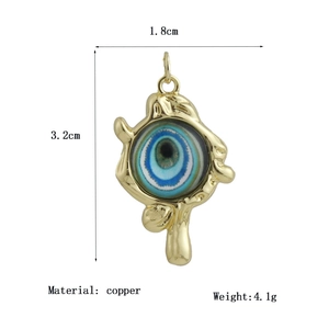 Golden evil eye pendant in 18K gold plated copper with blue enamel detail and dimensions